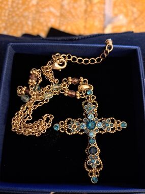 Gold-Tone Cross Necklace with Blue Crystal Accents,pretty, but not sure of brand